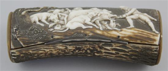 A 19th century German stag horn snuff box, 4.75in.